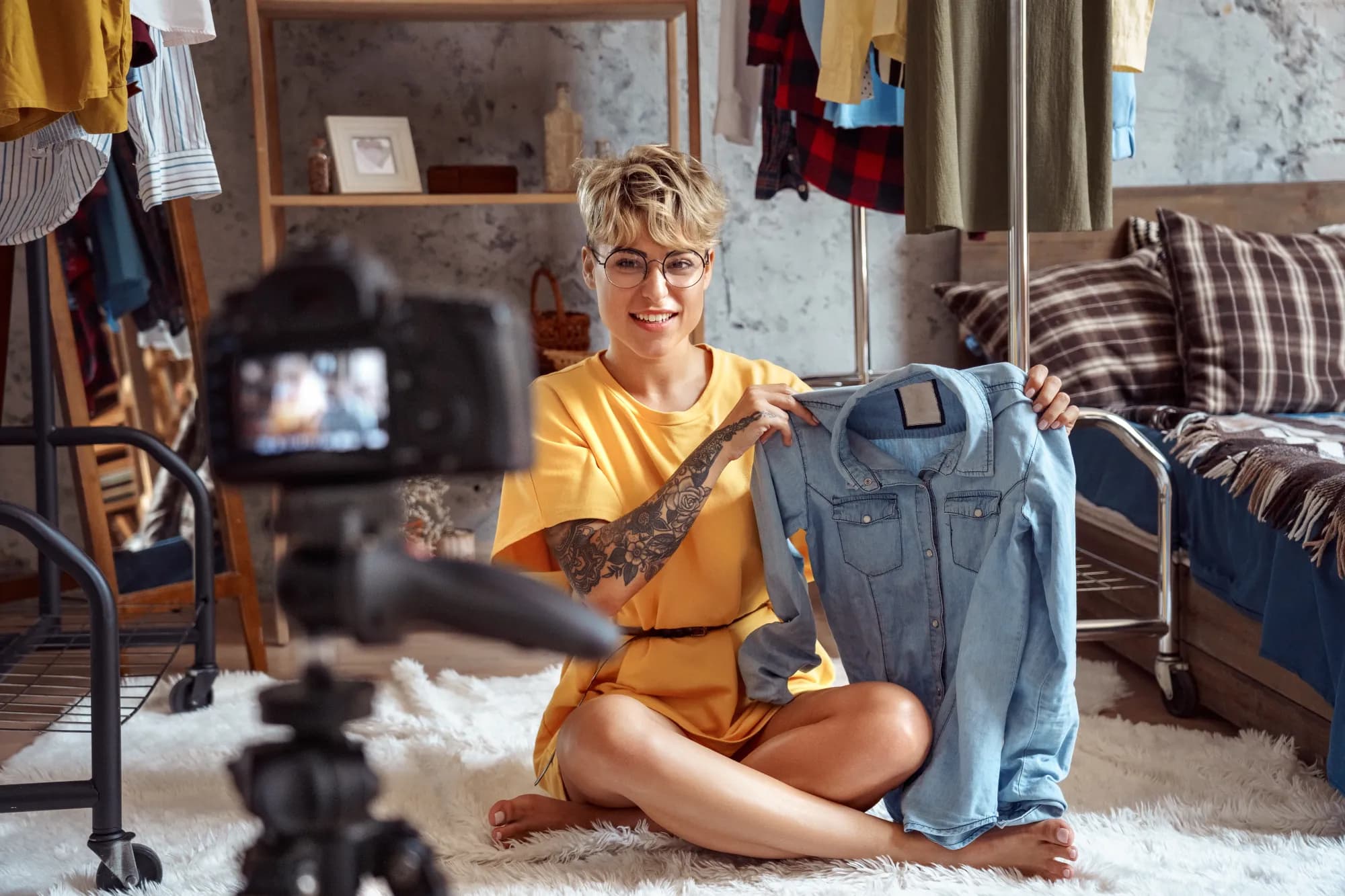 Person filming a clothing resale side hustle from home
