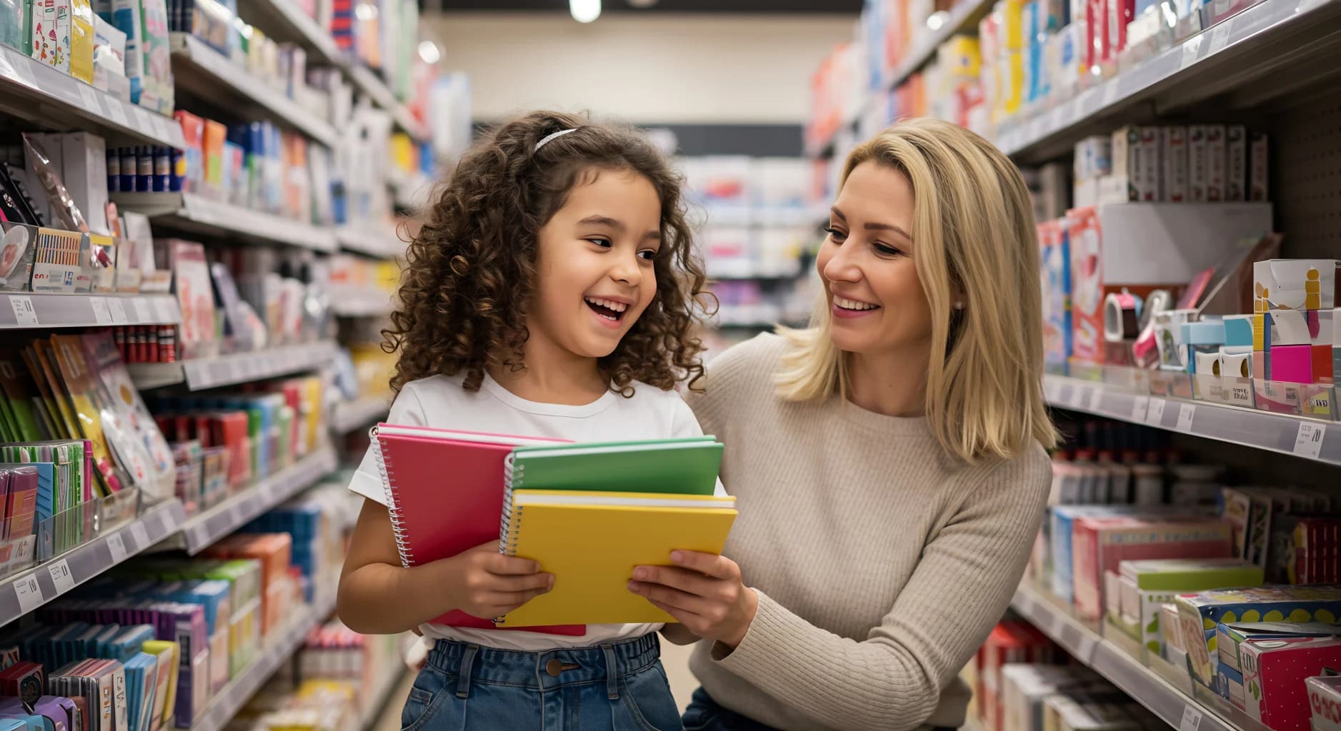 Happy mother and daughter choosing school supplies together